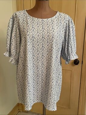 ZEAGOO NWT Cottage Core Office Ditsy Blue Floral Print Pintuck Scoop Blouse XXL
